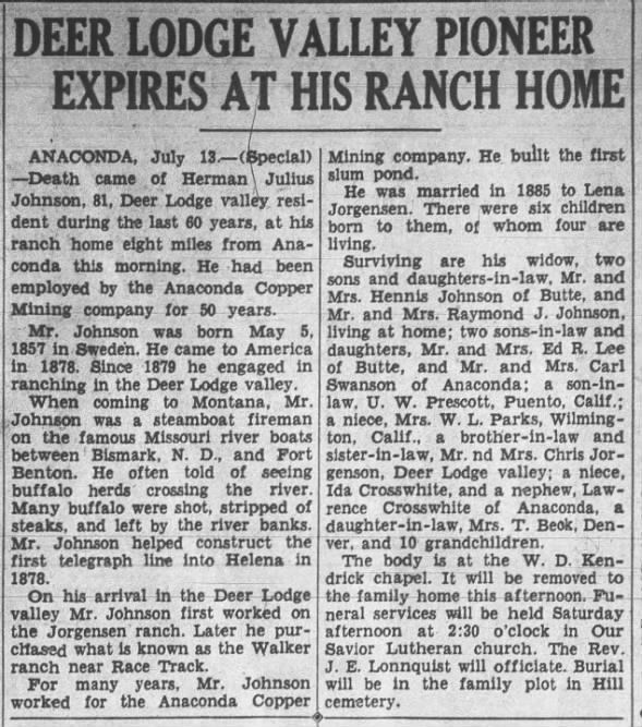 Eggen Family Tree - Herman Johnson - 1938 - Obituary